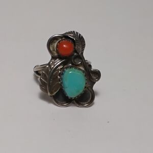 Vintage Navajo Turquoise & Coral Silver Ring Sz 5